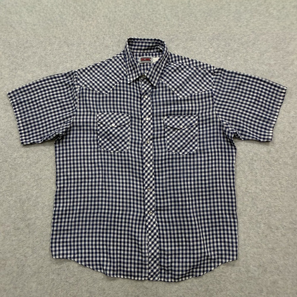 Vintage Big Mac Shirt Mens XXL Blue Gingham Short Sleeve Western Pearl Snap 2XL